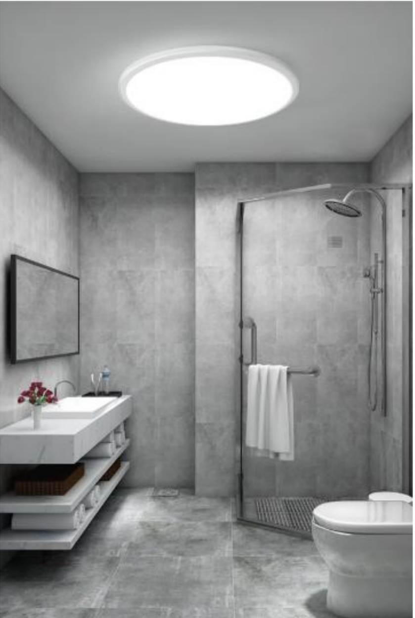 Bathroom interior scene showing a round ceiling light illuminated above a shower and vanity area. application